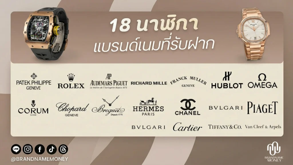 หลังจากดู ยี่ห้อนาฬิกาที่จำนำได้ ไปแล้ว  Brandname Money เองก็รับขายฝาก 18 แบรนด์