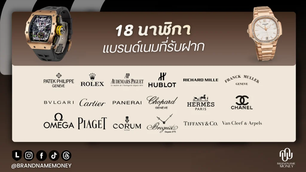 18 แบรนด์นาฬิกาหรูที่ Brandname Money รับขายฝาก ทั้ง Rolex GMT-Master II Coke และแบรนด์อื่น ๆ