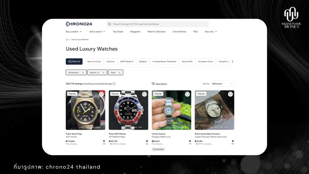 ตัวอย่าง แพลตฟอร์มต่างประเทศอย่าง Chrono24 หนึ่งแหล่งที่สามารถเช็กราคา เพื่อ จำนำนาฬิกา (ขายฝาก)