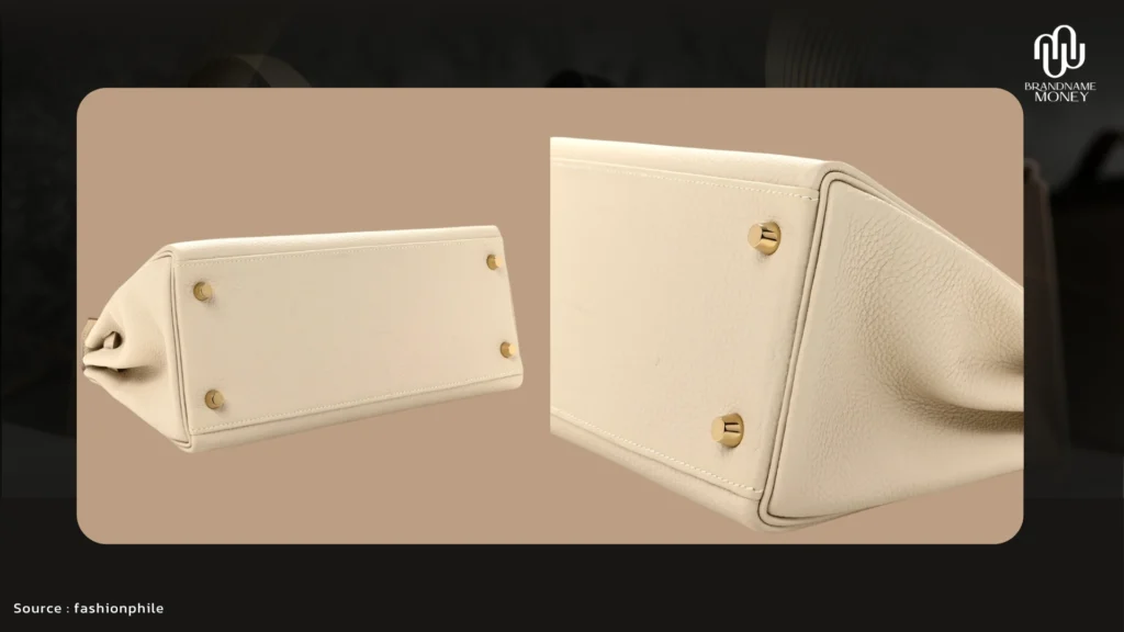วิธีดูกระเป๋า Hermes ของแท้ เช็กอย่างไรไม่ให้พลาด 6. ฐานกระเป๋าและหมุดรองฐานต้องสมดุล