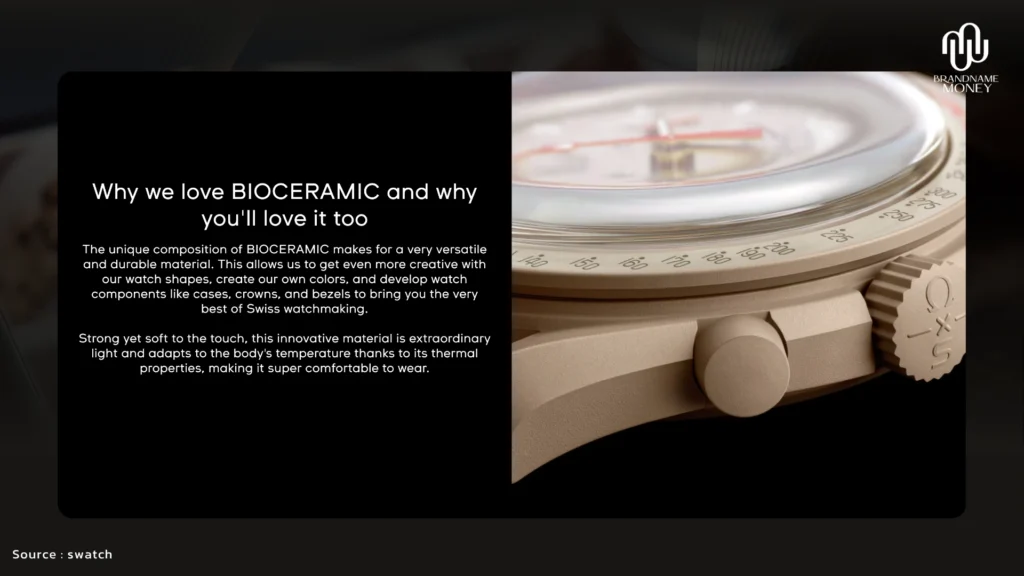 นาฬิกา AP x Swatch ใช้วัสดุ Bioceramic ของ Swatch ซึ่งเป็นวัสดุคอมโพสิตที่ Swatch พัฒนาและจดสิทธิบัตร
